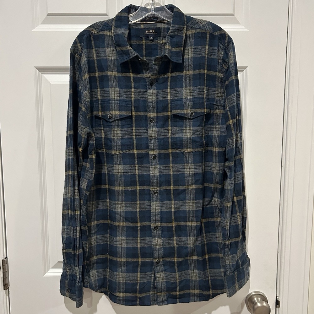 Roark Nordsman Flannel Shirt Mens Large L Blue Yellow Plaid Cotton Woven Button